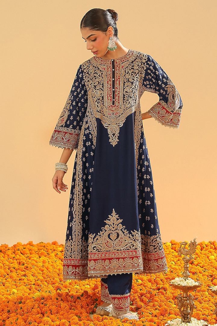 Deep Blue Silk Chanderi Zardosi Embroidered Choga Kurta Set by Sheetal Batra at Pernia's Pop Up Shop
