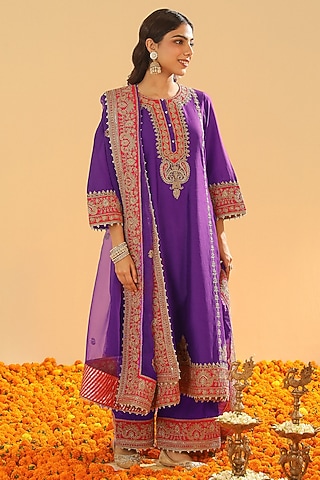 Purple Silk Chanderi Dabka Embroidered A-Line Kurta Set by Sheetal Batra