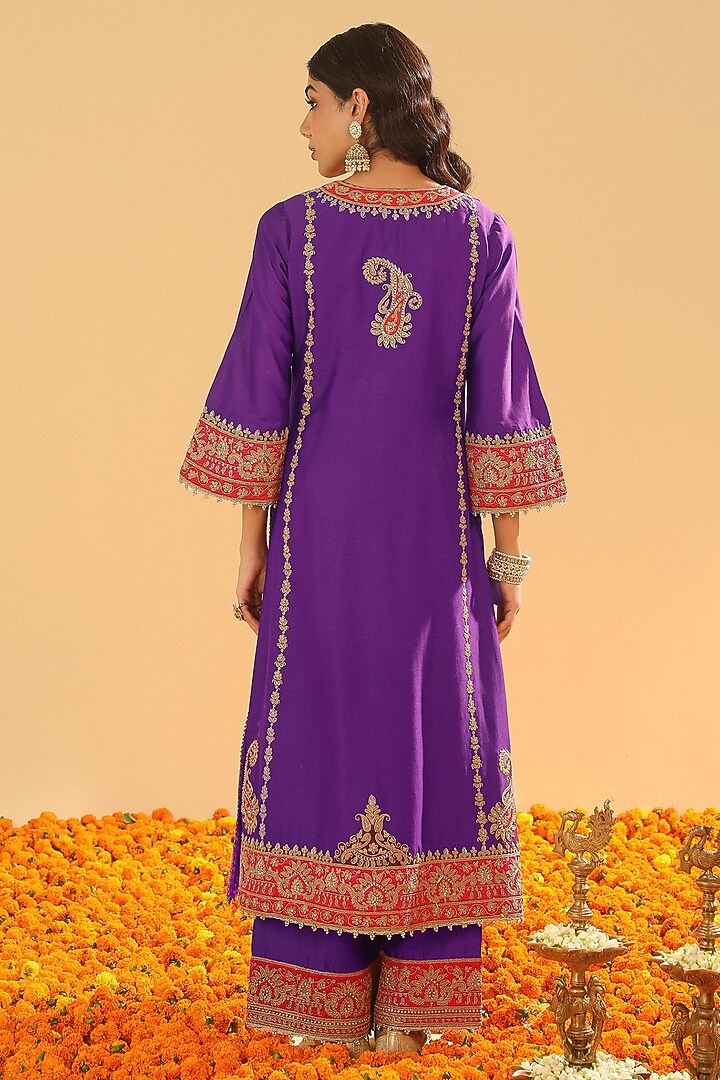 Purple Silk Chanderi Dabka Embroidered A-Line Kurta Set by Sheetal Batra at Pernia's Pop Up Shop