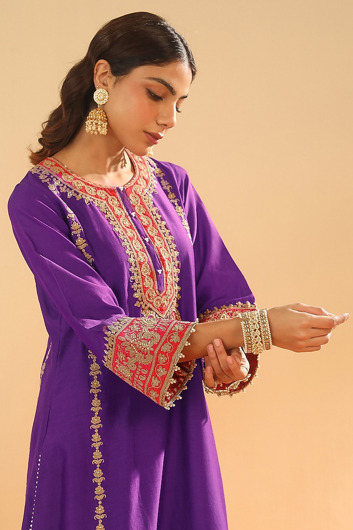 Purple Silk Chanderi Dabka Embroidered A-Line Kurta Set by Sheetal Batra at Pernia's Pop Up Shop