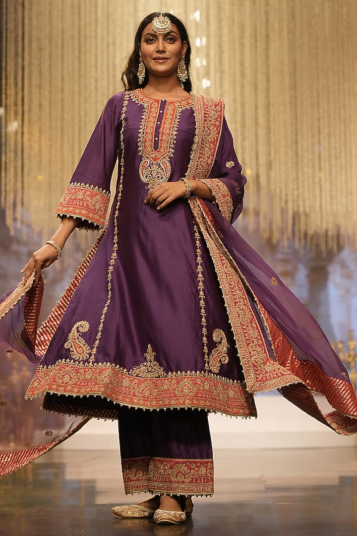 Purple Silk Chanderi Dabka Embroidered A-Line Kurta Set by Sheetal Batra at Pernia's Pop Up Shop