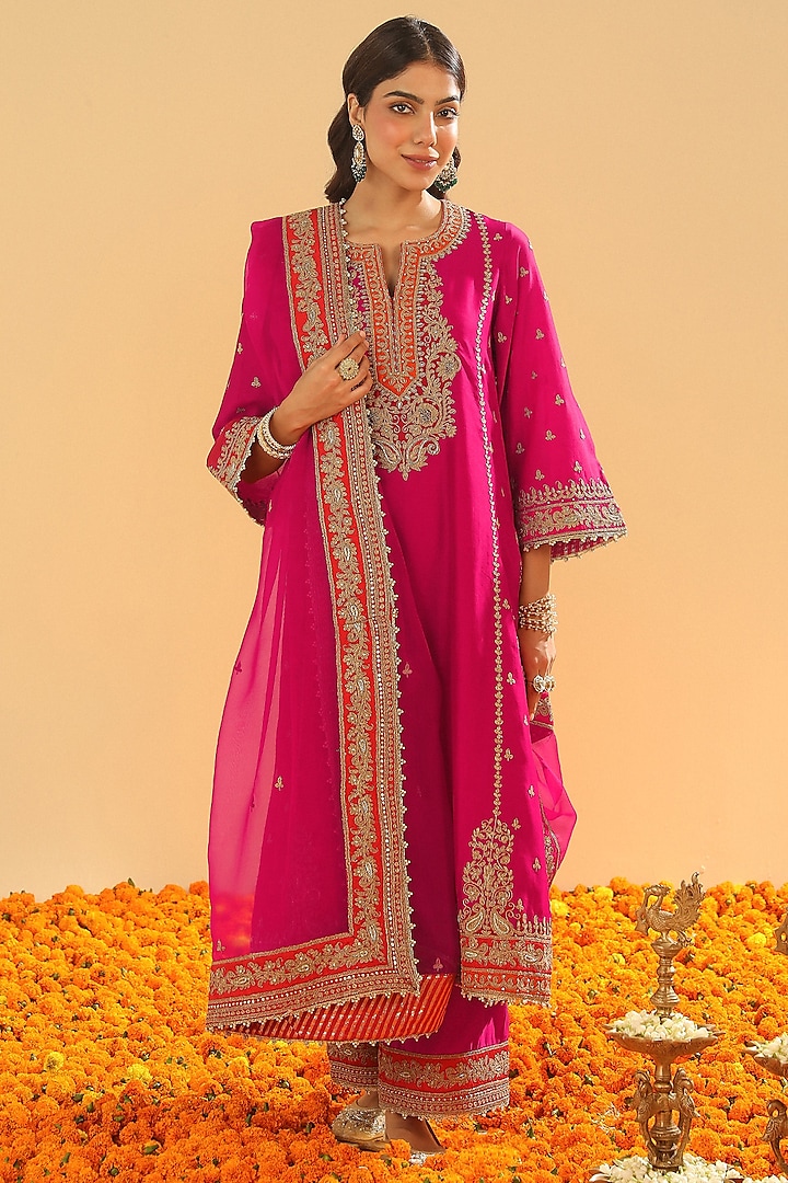 Hot Pink Silk Chanderi Dabka Embroidered A-Line Kurta Set by Sheetal Batra at Pernia's Pop Up Shop