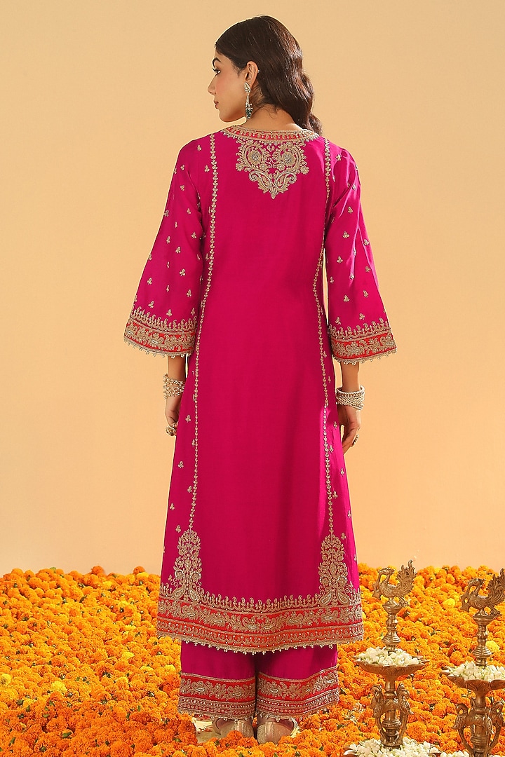 Hot Pink Silk Chanderi Dabka Embroidered A-Line Kurta Set by Sheetal Batra at Pernia's Pop Up Shop