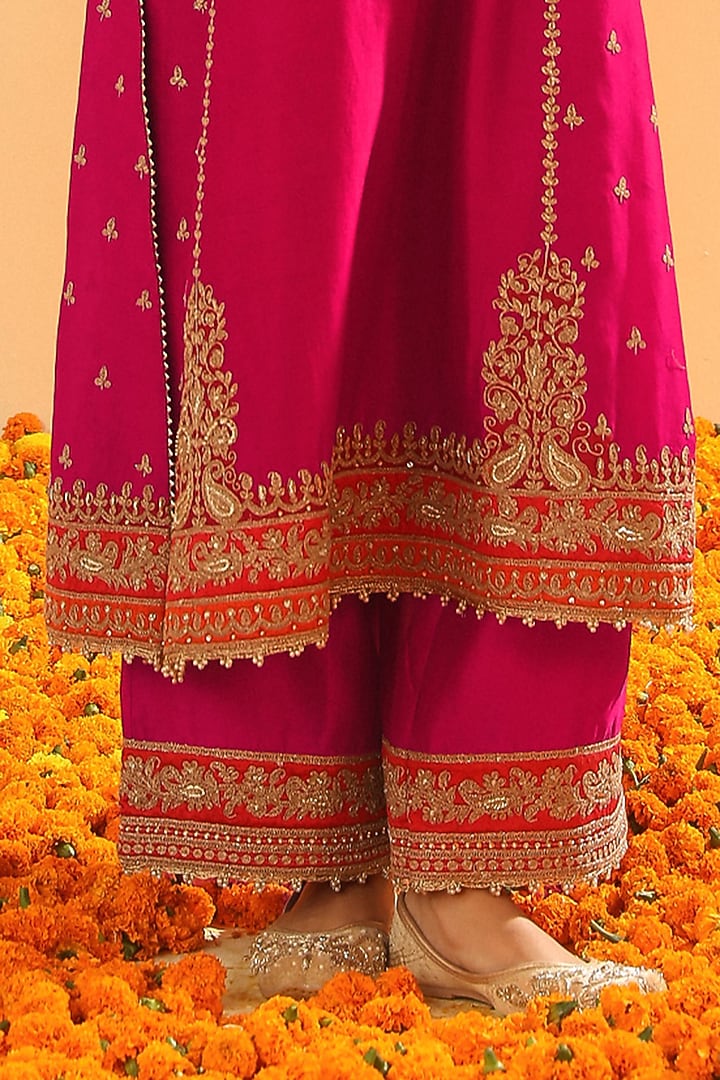 Hot Pink Silk Chanderi Dabka Embroidered A-Line Kurta Set by Sheetal Batra at Pernia's Pop Up Shop