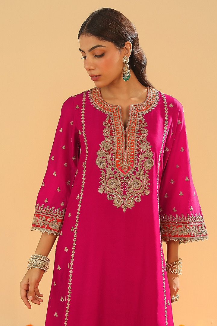 Hot Pink Silk Chanderi Dabka Embroidered A-Line Kurta Set by Sheetal Batra at Pernia's Pop Up Shop