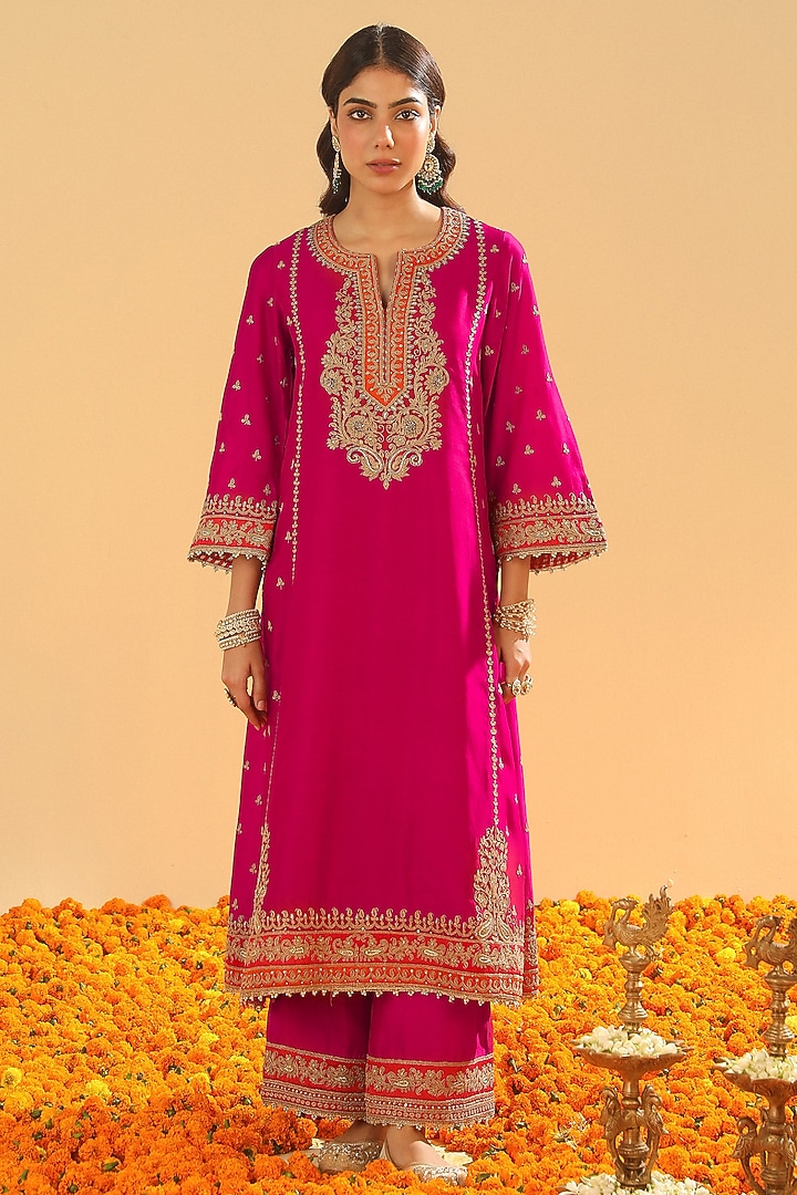 Hot Pink Silk Chanderi Dabka Embroidered A-Line Kurta Set by Sheetal Batra at Pernia's Pop Up Shop