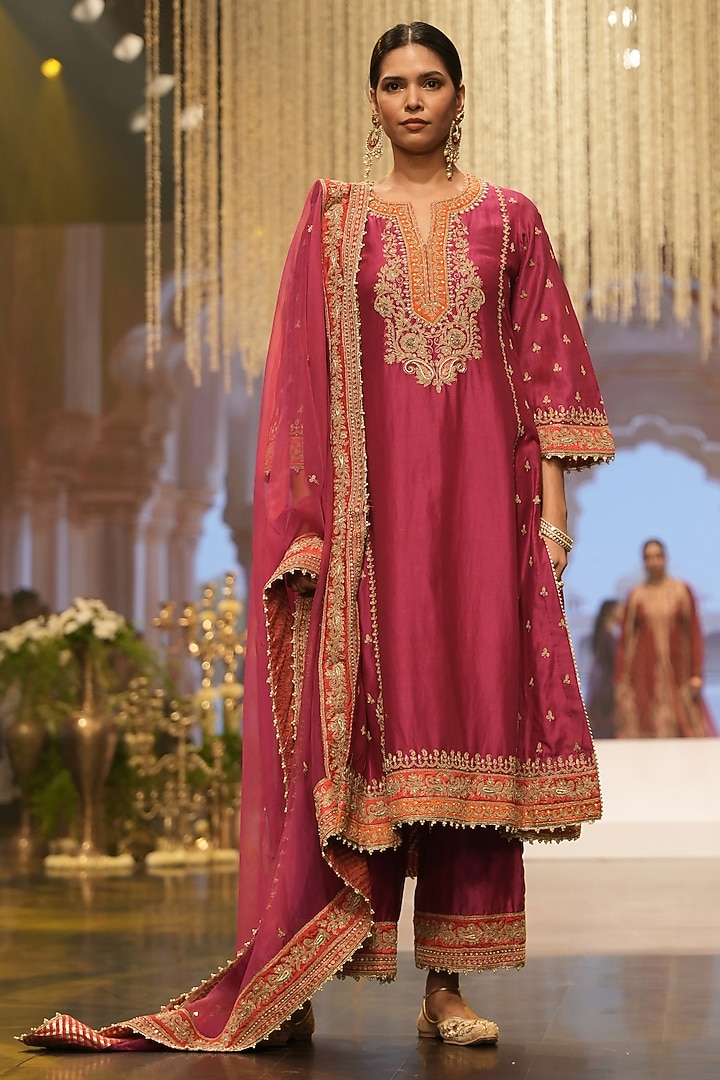Hot Pink Silk Chanderi Dabka Embroidered A-Line Kurta Set by Sheetal Batra at Pernia's Pop Up Shop
