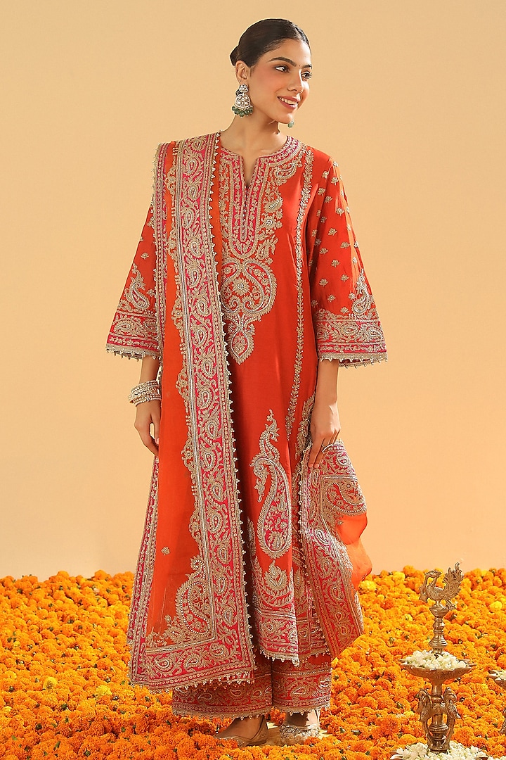 Burnt Orange Silk Chanderi Dabka Embroidered A-Line Kurta Set by Sheetal Batra at Pernia's Pop Up Shop
