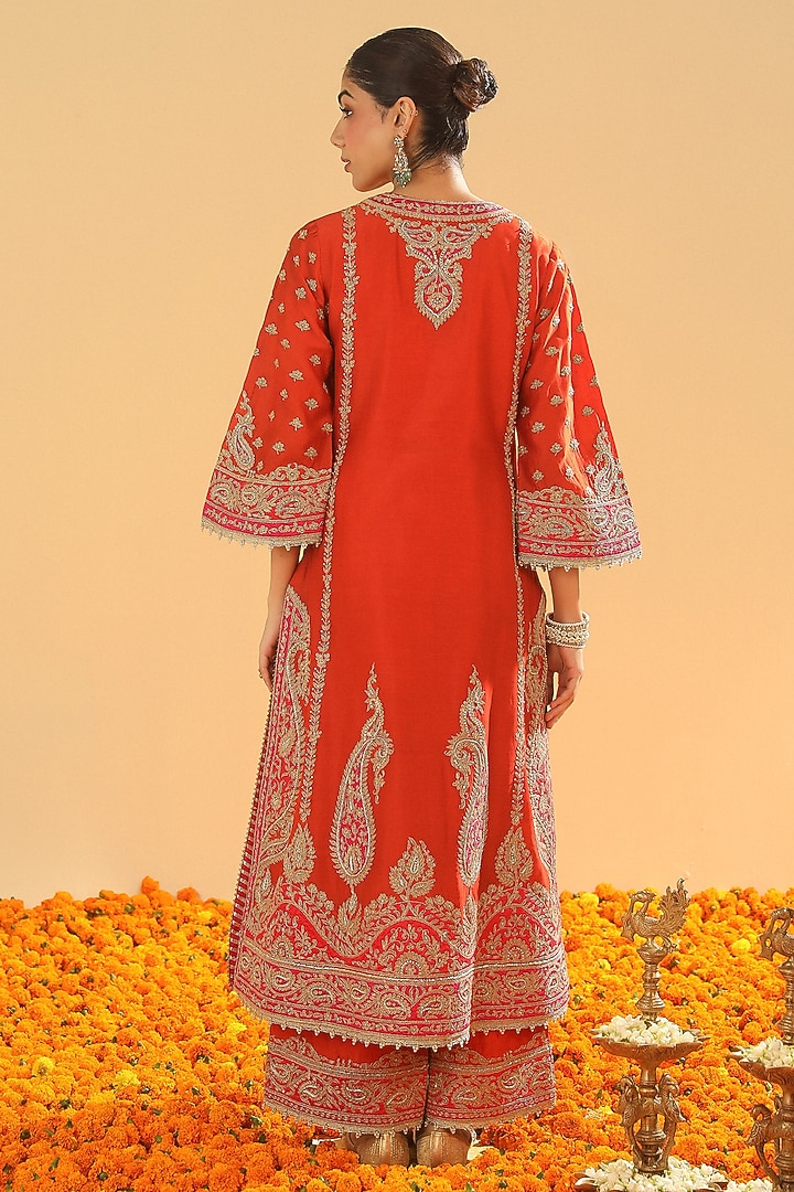 Burnt Orange Silk Chanderi Dabka Embroidered A-Line Kurta Set by Sheetal Batra at Pernia's Pop Up Shop
