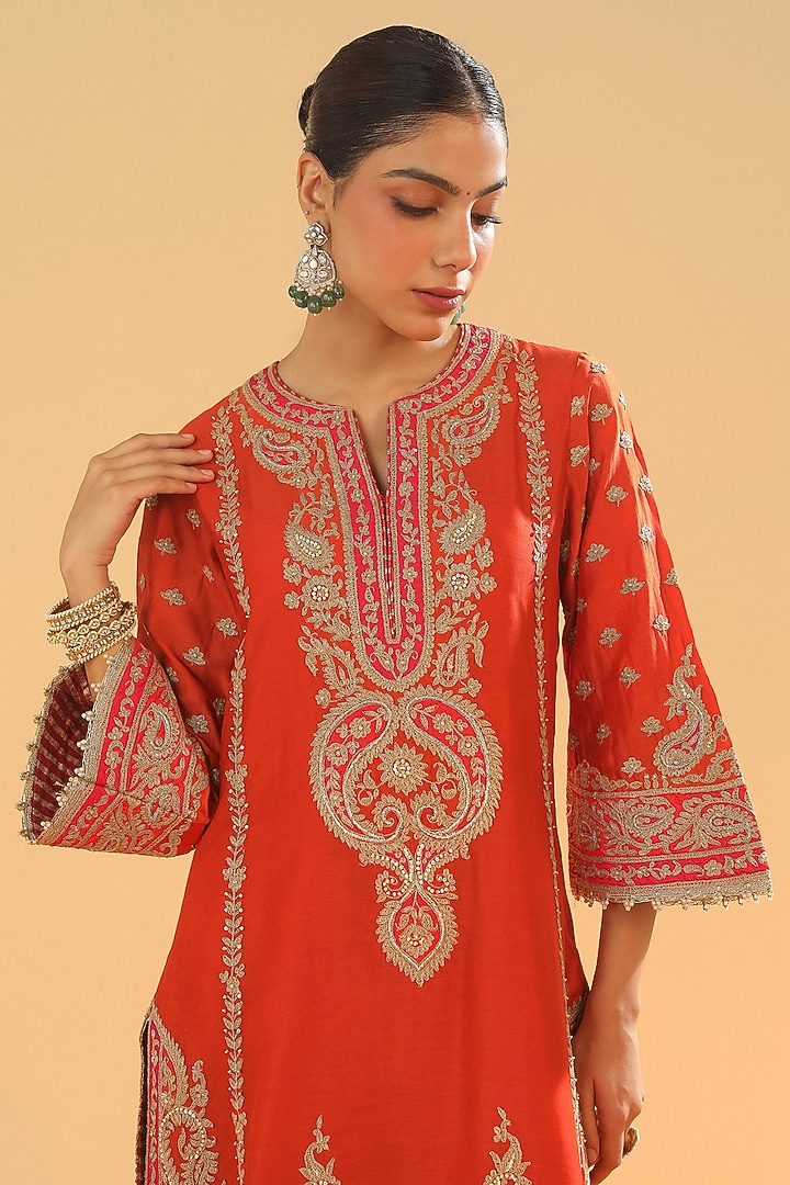 Burnt Orange Silk Chanderi Dabka Embroidered A-Line Kurta Set by Sheetal Batra at Pernia's Pop Up Shop