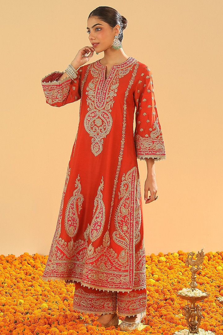 Burnt Orange Silk Chanderi Dabka Embroidered A-Line Kurta Set by Sheetal Batra at Pernia's Pop Up Shop