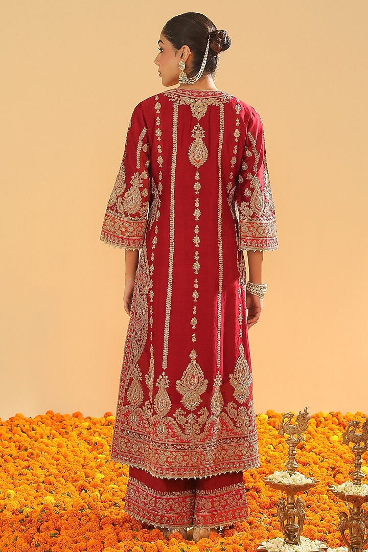 Deep Red Silk Chanderi Dabka Embroidered A-Line Kurta Set by Sheetal Batra at Pernia's Pop Up Shop