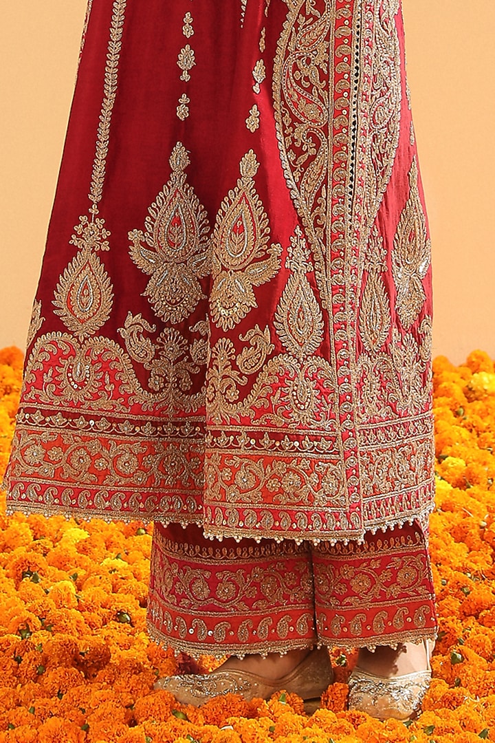 Deep Red Silk Chanderi Dabka Embroidered A-Line Kurta Set by Sheetal Batra at Pernia's Pop Up Shop