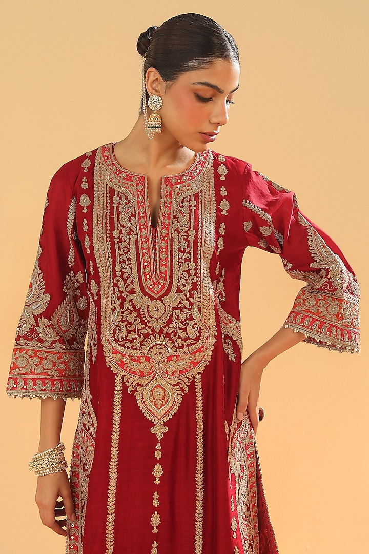 Deep Red Silk Chanderi Dabka Embroidered A-Line Kurta Set by Sheetal Batra at Pernia's Pop Up Shop