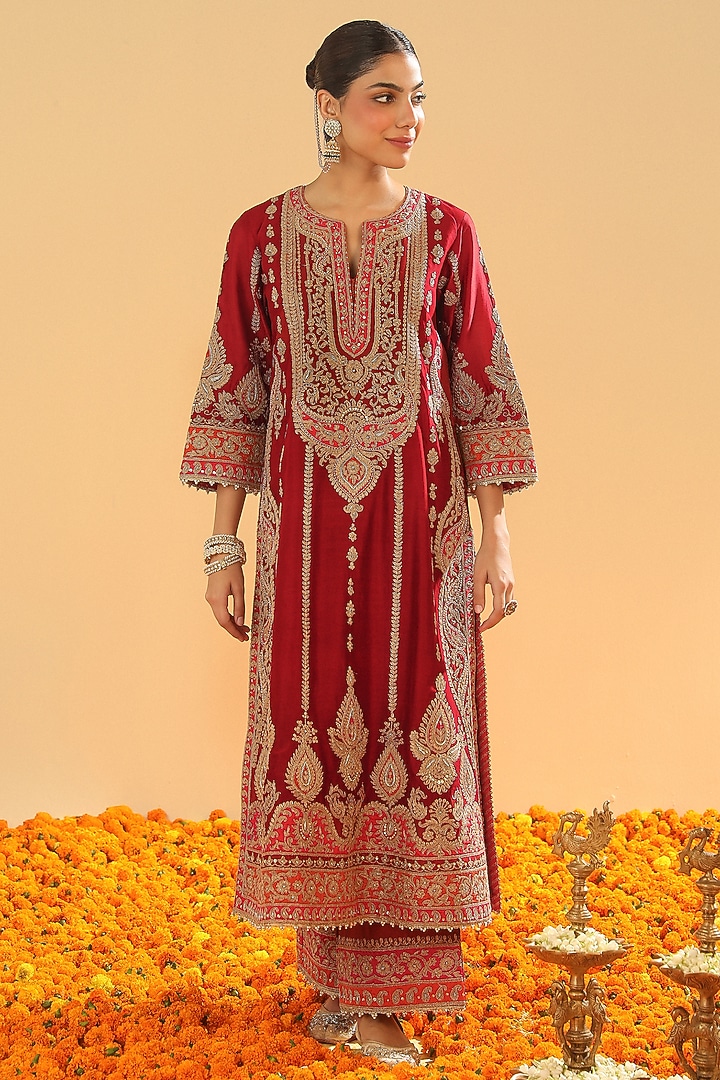 Deep Red Silk Chanderi Dabka Embroidered A-Line Kurta Set by Sheetal Batra at Pernia's Pop Up Shop