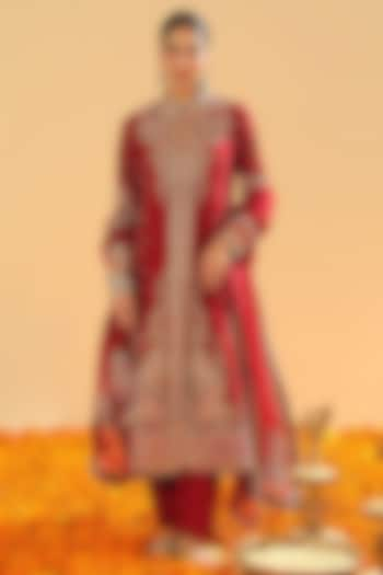 Deep Red Pure Silk Chanderi Dabka Embroidered A-Line Jacket Set by Sheetal Batra at Pernia's Pop Up Shop