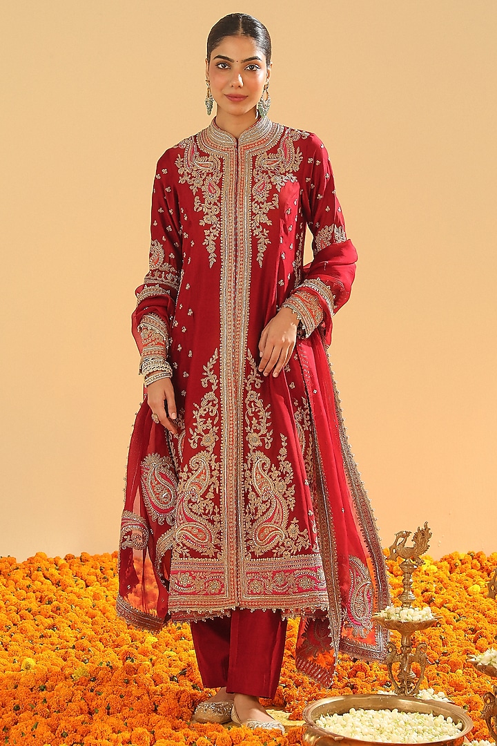 Deep Red Pure Silk Chanderi Dabka Embroidered A-Line Jacket Set by Sheetal Batra at Pernia's Pop Up Shop