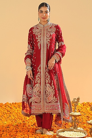Deep Red Pure Silk Chanderi Dabka Embroidered A-Line Jacket Set by Sheetal Batra