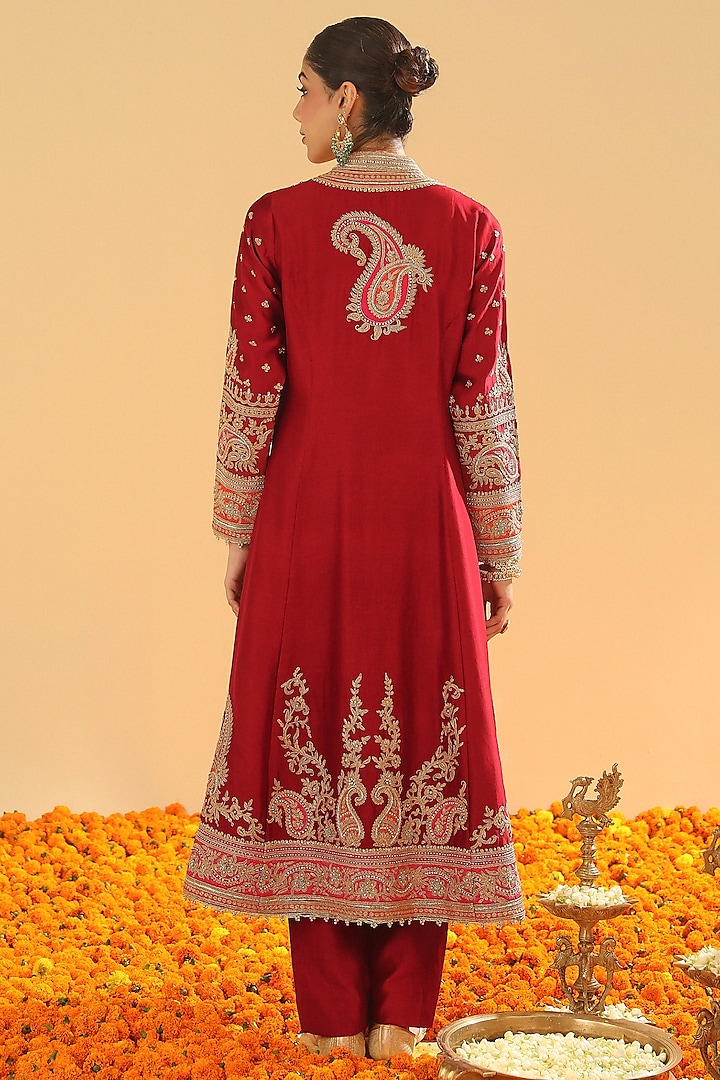 Deep Red Pure Silk Chanderi Dabka Embroidered A-Line Jacket Set by Sheetal Batra at Pernia's Pop Up Shop