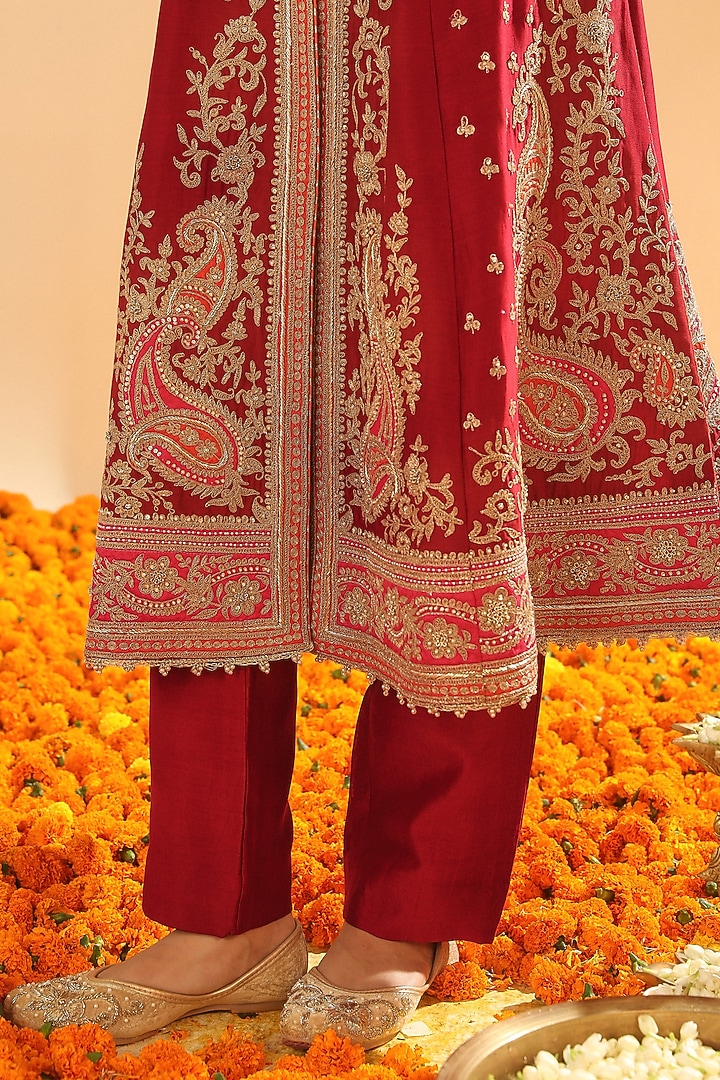 Deep Red Pure Silk Chanderi Dabka Embroidered A-Line Jacket Set by Sheetal Batra at Pernia's Pop Up Shop