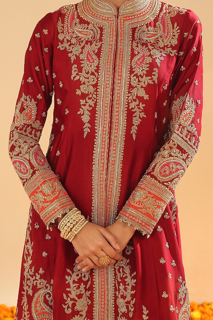 Deep Red Pure Silk Chanderi Dabka Embroidered A-Line Jacket Set by Sheetal Batra at Pernia's Pop Up Shop