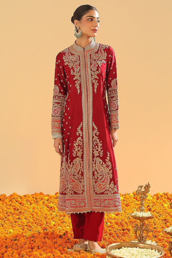 Deep Red Pure Silk Chanderi Dabka Embroidered A-Line Jacket Set by Sheetal Batra at Pernia's Pop Up Shop