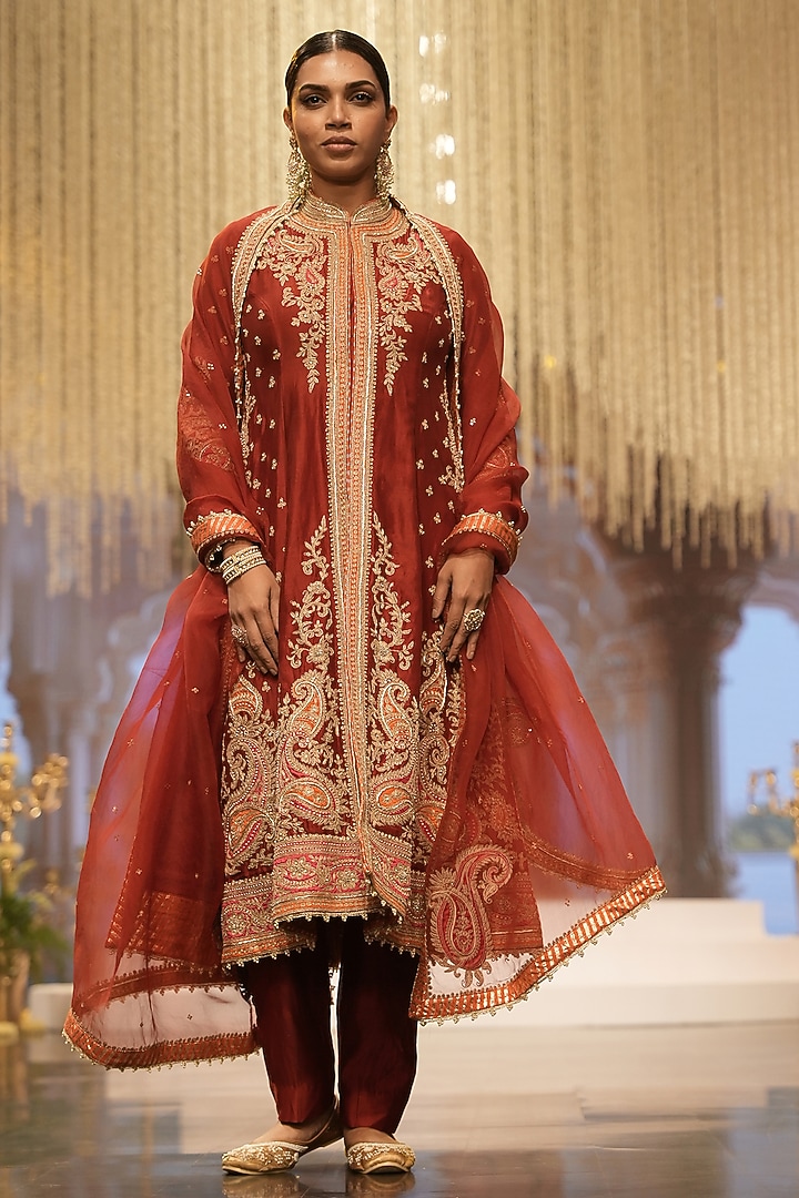 Deep Red Pure Silk Chanderi Dabka Embroidered A-Line Jacket Set by Sheetal Batra at Pernia's Pop Up Shop