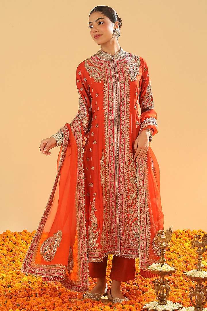 Burnt Orange Pure Silk Chanderi Dabka Embroidered A-Line Jacket Set by Sheetal Batra at Pernia's Pop Up Shop