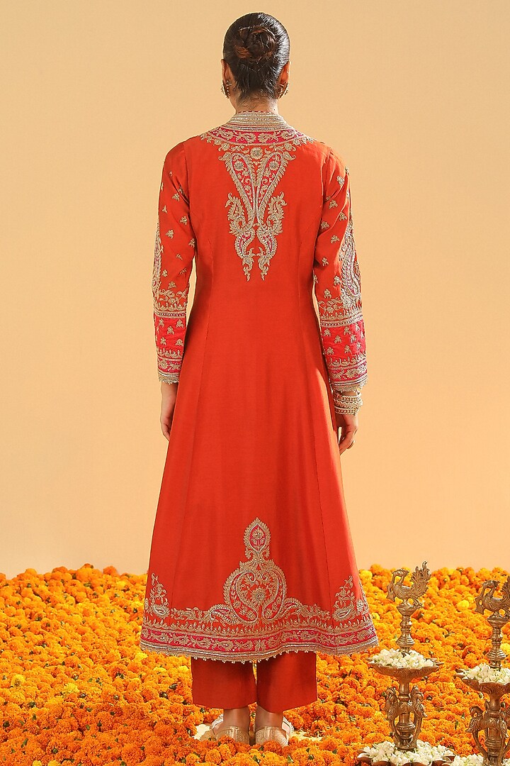 Burnt Orange Pure Silk Chanderi Dabka Embroidered A-Line Jacket Set by Sheetal Batra at Pernia's Pop Up Shop