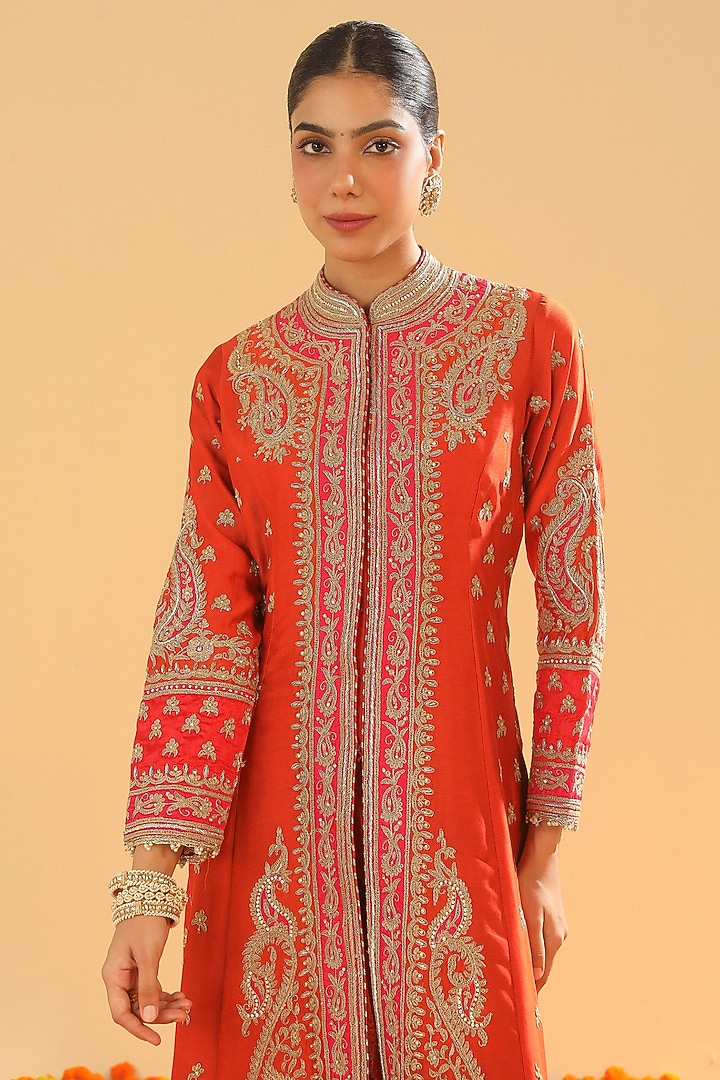 Burnt Orange Pure Silk Chanderi Dabka Embroidered A-Line Jacket Set by Sheetal Batra at Pernia's Pop Up Shop