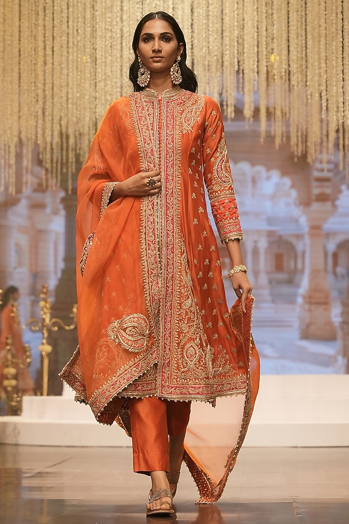 Burnt Orange Pure Silk Chanderi Dabka Embroidered A-Line Jacket Set by Sheetal Batra at Pernia's Pop Up Shop