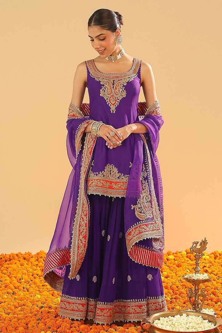 Purple Pure Silk Chanderi Dabka Embroidered Gharara Set by Sheetal Batra at Pernia's Pop Up Shop