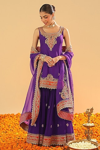 Purple Pure Silk Chanderi Dabka Embroidered Gharara Set by Sheetal Batra