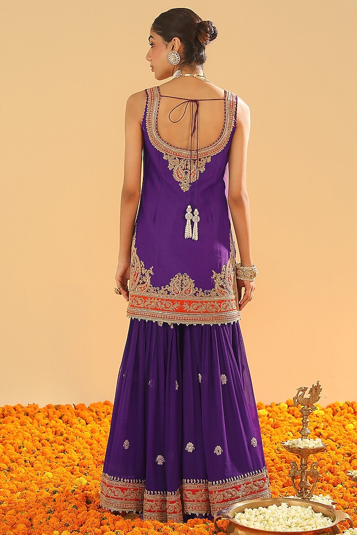 Purple Pure Silk Chanderi Dabka Embroidered Gharara Set by Sheetal Batra at Pernia's Pop Up Shop