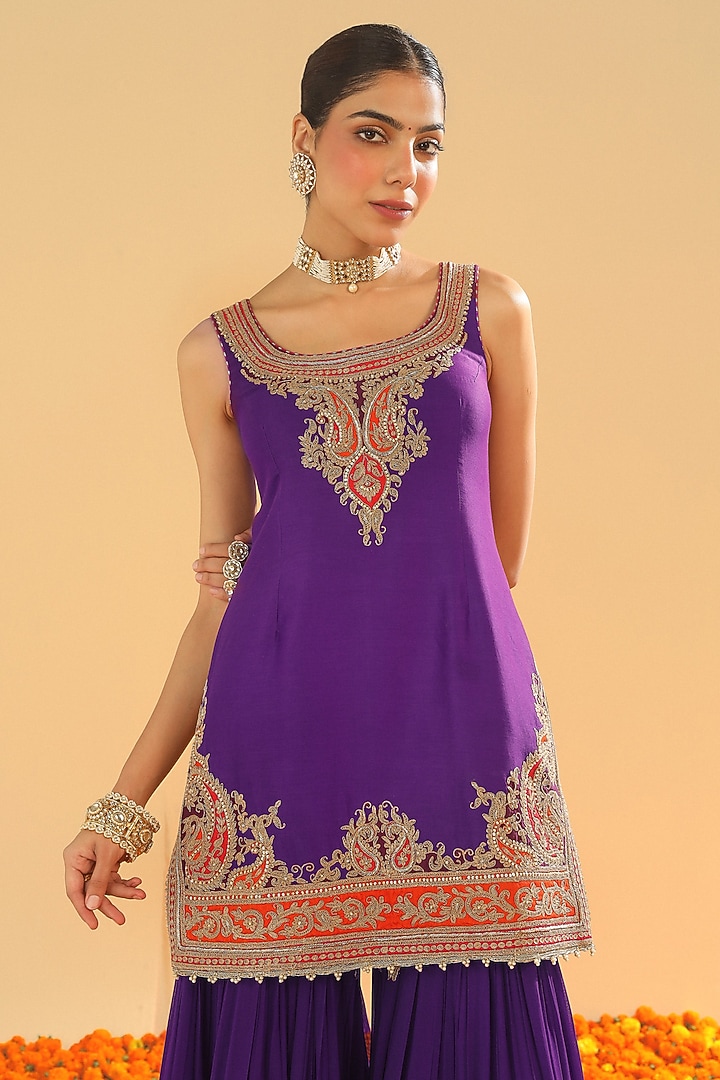 Purple Pure Silk Chanderi Dabka Embroidered Gharara Set by Sheetal Batra at Pernia's Pop Up Shop