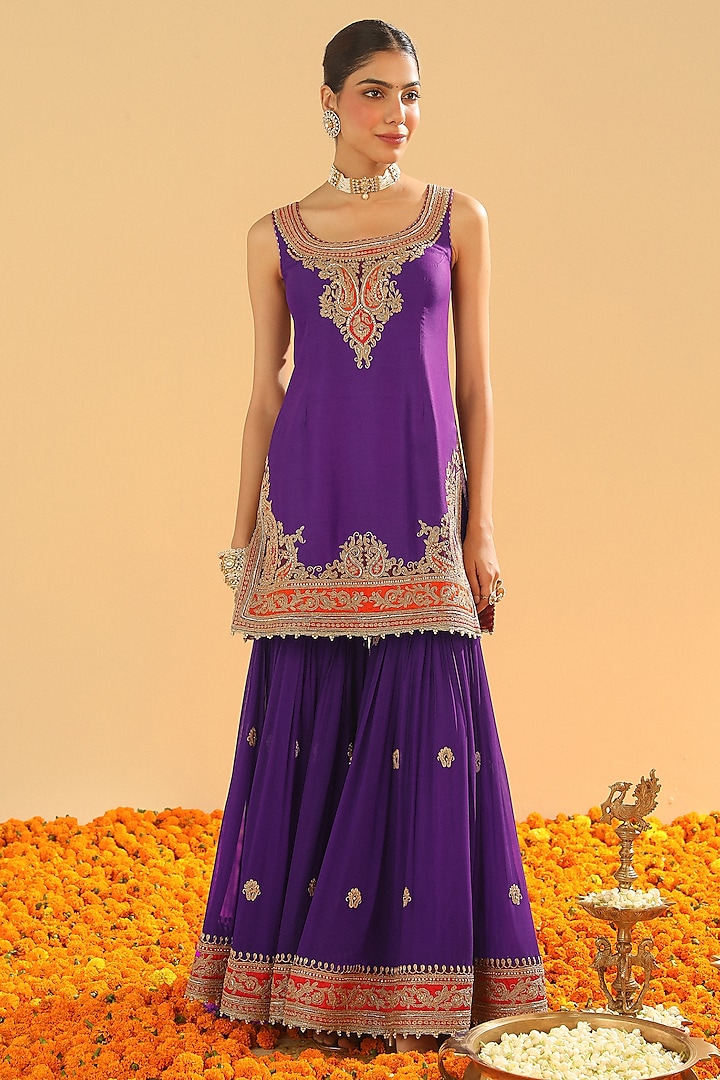Purple Pure Silk Chanderi Dabka Embroidered Gharara Set by Sheetal Batra at Pernia's Pop Up Shop