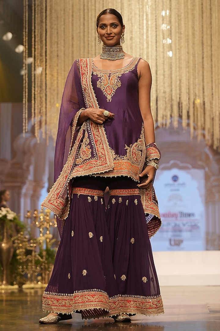 Purple Pure Silk Chanderi Dabka Embroidered Gharara Set by Sheetal Batra at Pernia's Pop Up Shop