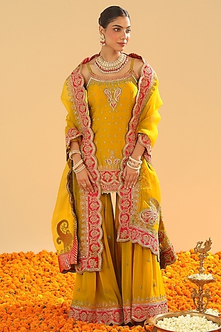 Mustard Pure Silk Chanderi Dabka Embroidered Gharara Set by Sheetal Batra