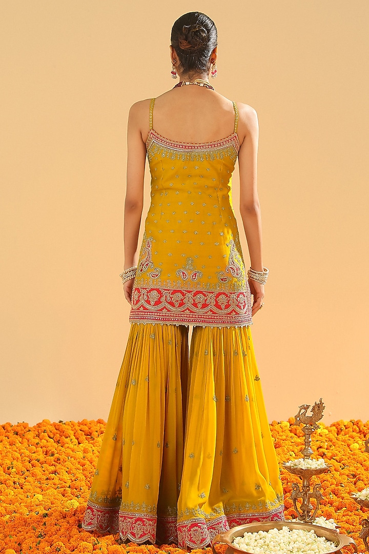 Mustard Pure Silk Chanderi Dabka Embroidered Gharara Set by Sheetal Batra at Pernia's Pop Up Shop