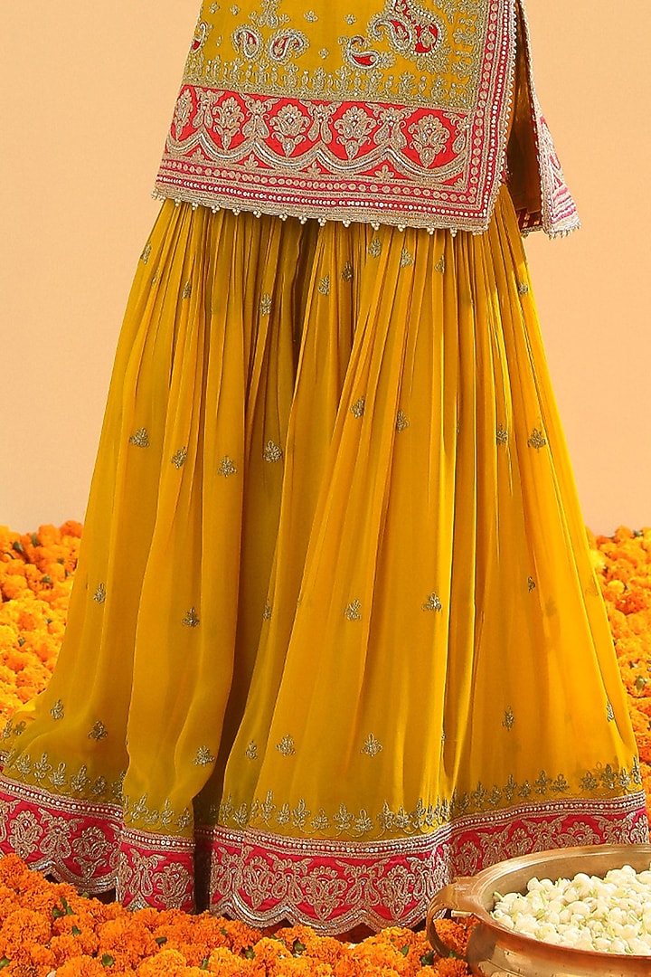 Mustard Pure Silk Chanderi Dabka Embroidered Gharara Set by Sheetal Batra at Pernia's Pop Up Shop