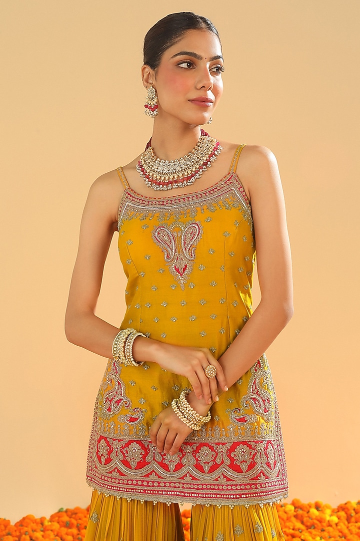 Mustard Pure Silk Chanderi Dabka Embroidered Gharara Set by Sheetal Batra at Pernia's Pop Up Shop