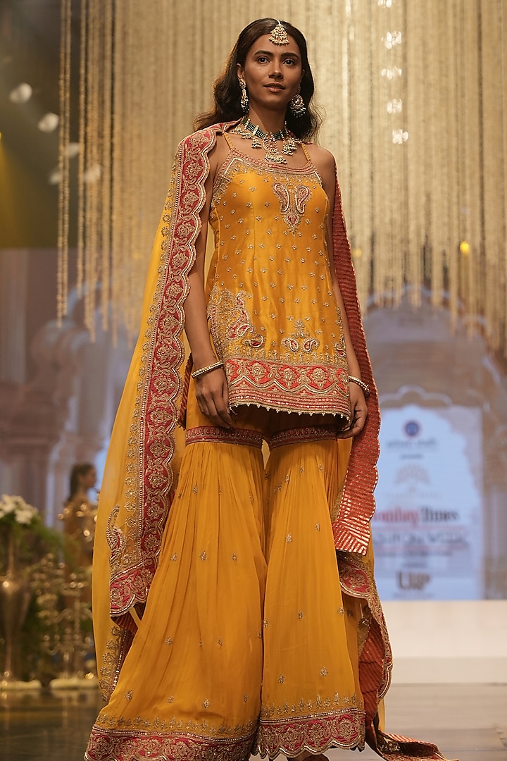 Mustard Pure Silk Chanderi Dabka Embroidered Gharara Set by Sheetal Batra at Pernia's Pop Up Shop