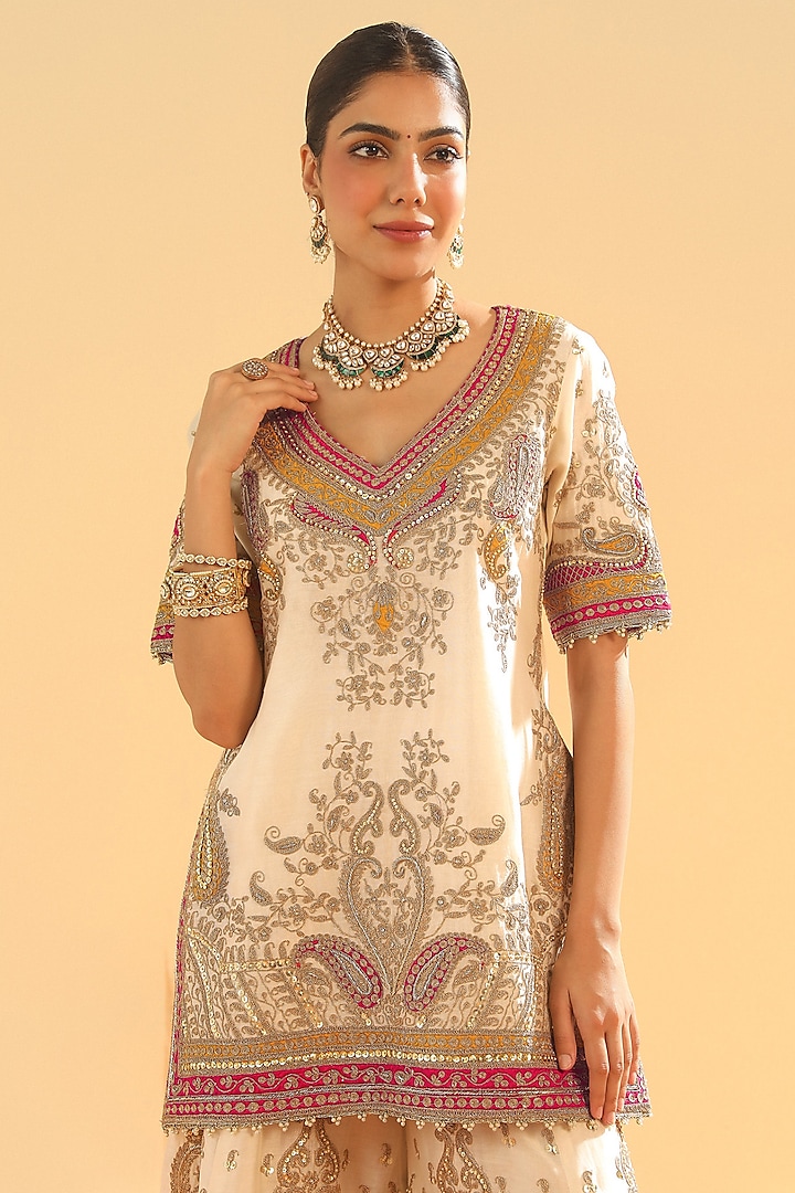 Daisy Ivory Pure Silk Chanderi Dabka Embroidered Bridal Sharara Set by Sheetal Batra at Pernia's Pop Up Shop