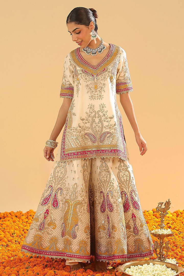 Daisy Ivory Pure Silk Chanderi Dabka Embroidered Bridal Sharara Set by Sheetal Batra at Pernia's Pop Up Shop
