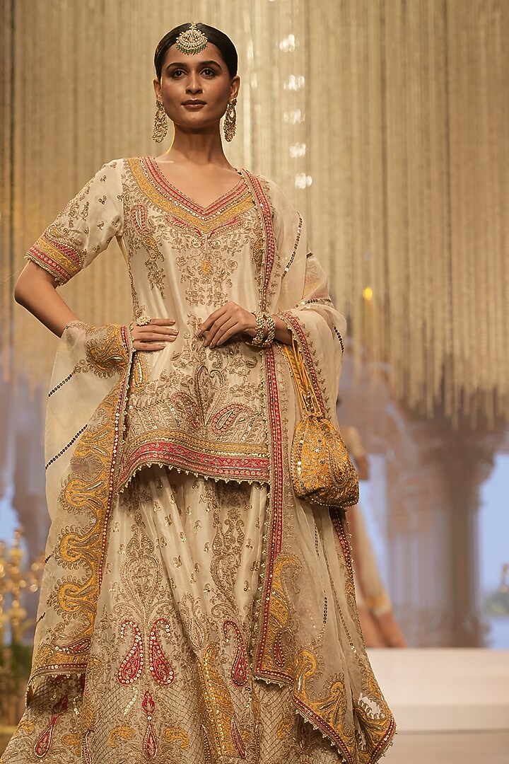 Daisy Ivory Pure Silk Chanderi Dabka Embroidered Bridal Sharara Set by Sheetal Batra at Pernia's Pop Up Shop