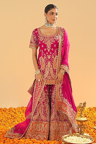 Hot Pink Pure Silk Chanderi Dabka Embroidered Sharara Set by Sheetal Batra