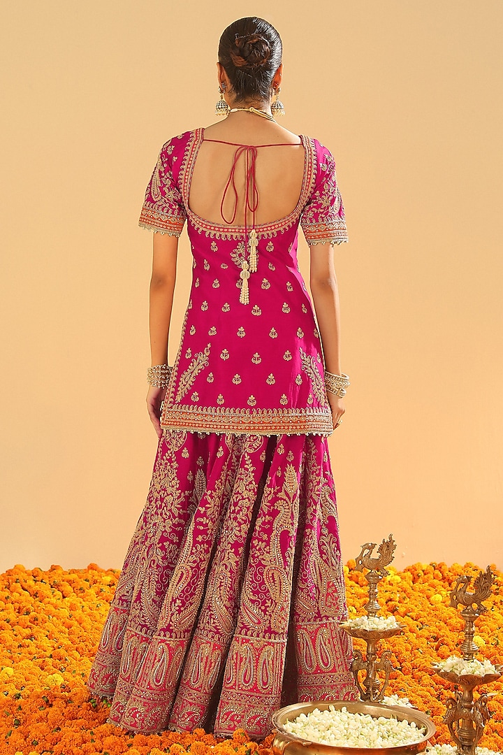 Hot Pink Pure Silk Chanderi Dabka Embroidered Bridal Sharara Set by Sheetal Batra at Pernia's Pop Up Shop