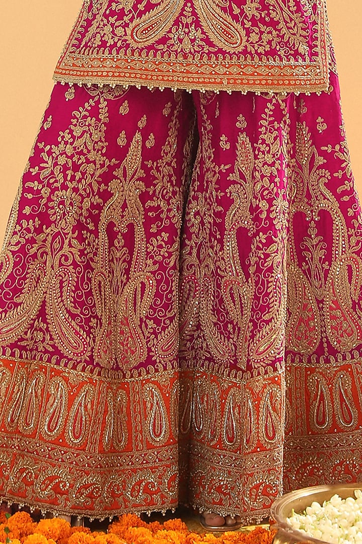 Hot Pink Pure Silk Chanderi Dabka Embroidered Bridal Sharara Set by Sheetal Batra at Pernia's Pop Up Shop