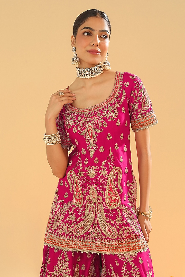 Hot Pink Pure Silk Chanderi Dabka Embroidered Bridal Sharara Set by Sheetal Batra at Pernia's Pop Up Shop