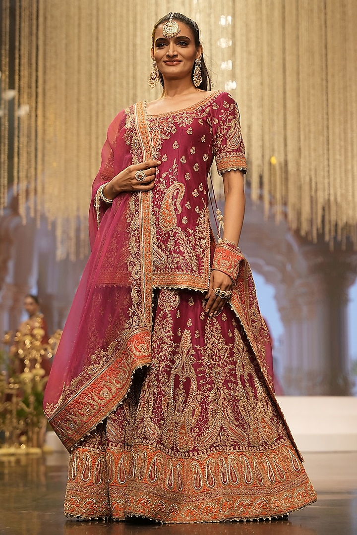 Hot Pink Pure Silk Chanderi Dabka Embroidered Bridal Sharara Set by Sheetal Batra at Pernia's Pop Up Shop